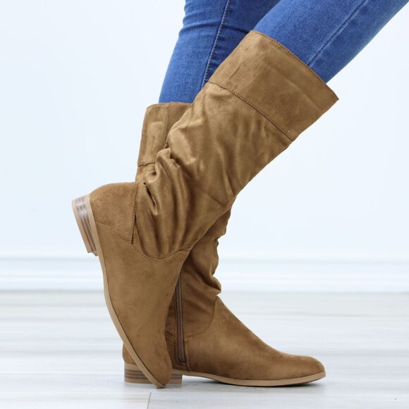 Tan Low Heel Boots Round Toe Above Ankle Mid-Calf Booties Faux Suede - Picture 6 of 12